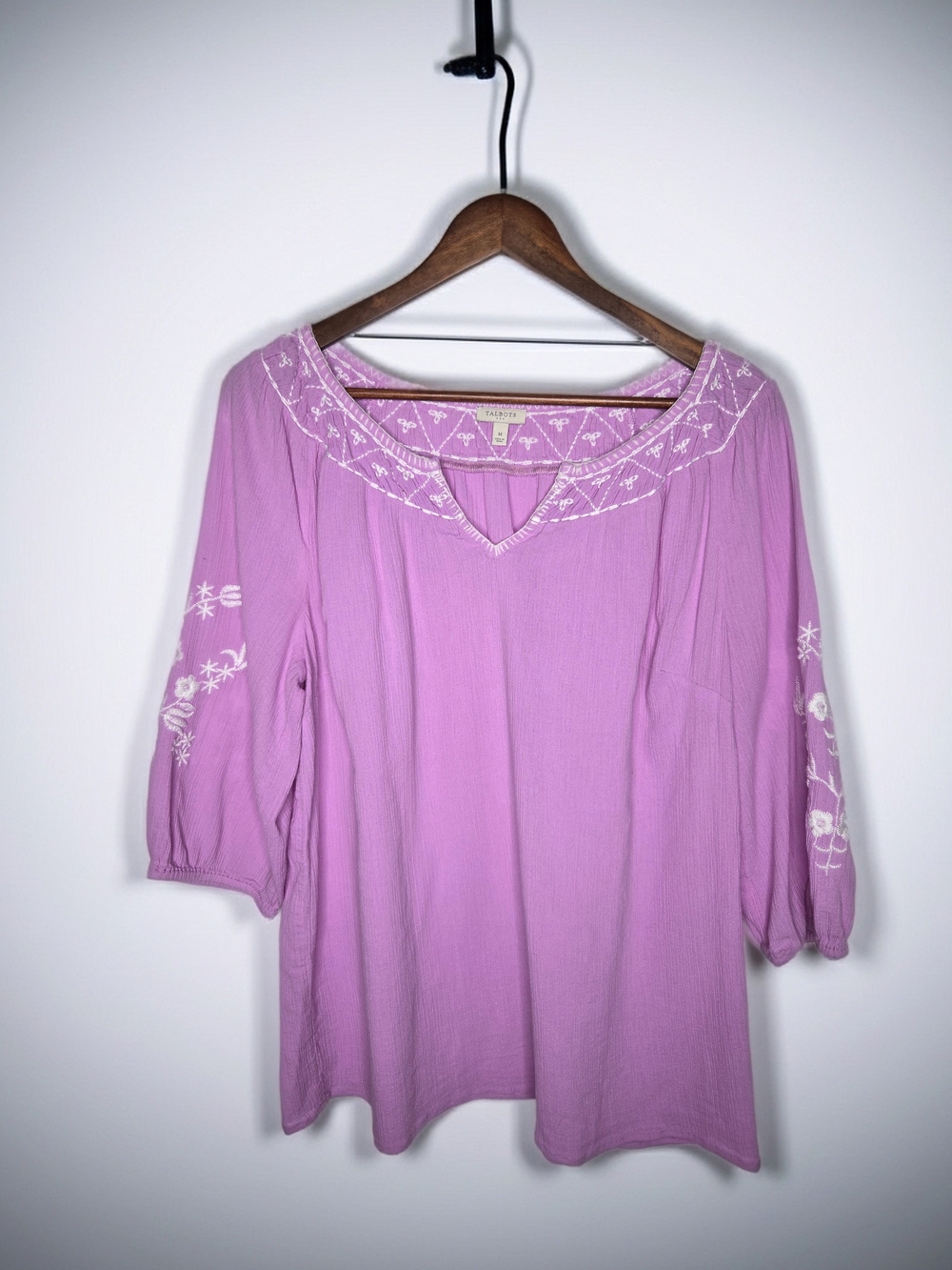 Talbots Purple Embroidered V-Neck Boho Crinkle Gauze Blouse Top  3/4 Sleeve -M